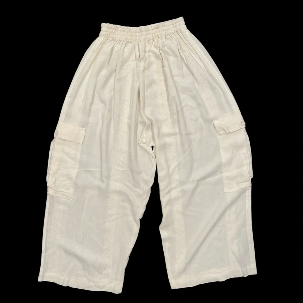 Cream Wide Leg Cargo Pants High Rise Elastic Waist Minimalist Lounge - Picture 4 of 6